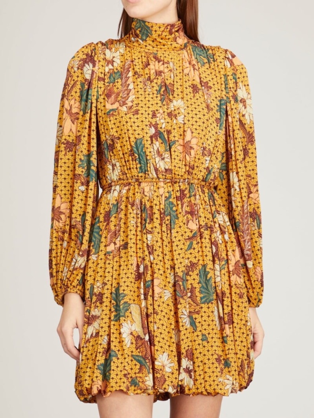 Ulla Johnson Wilhemina Gathered Floral Jersey Bubble Turtleneck Mini Dress